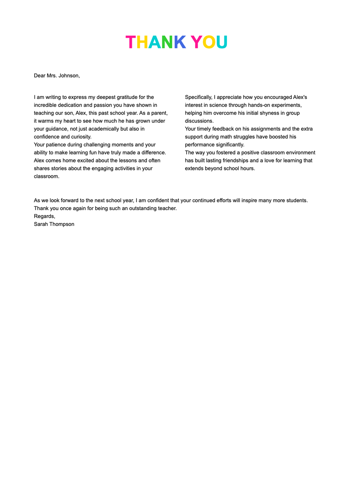 Colorful thank you letter to parents guardians from teacher with rainbow header_variant_3